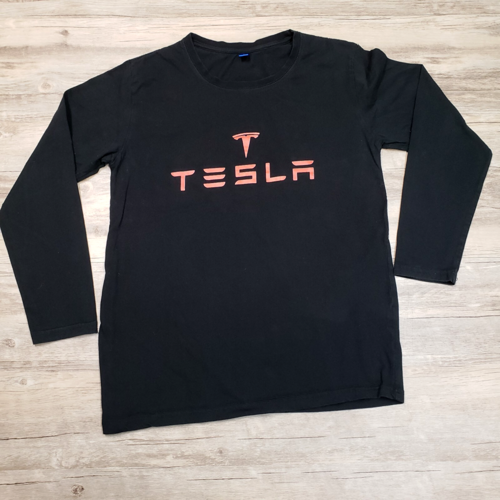 TESLA T Shirt Womens Large Black Long Sleeve Cotton Red Logo T Spell Out